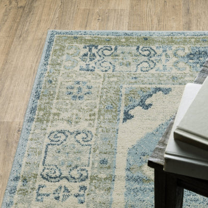 5' X 7' Blue And Beige Oriental Distressed Area Rug