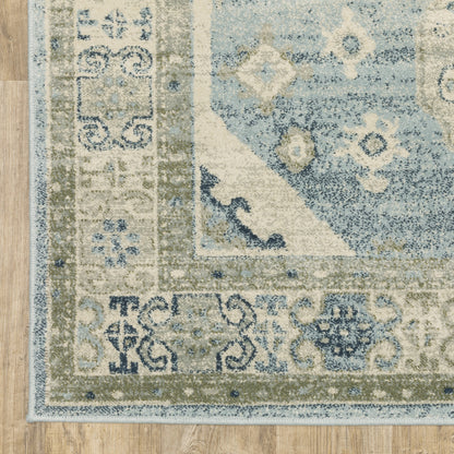 5' X 7' Blue Grey Beige And Teal Oriental Power Loom Stain Resistant Area Rug