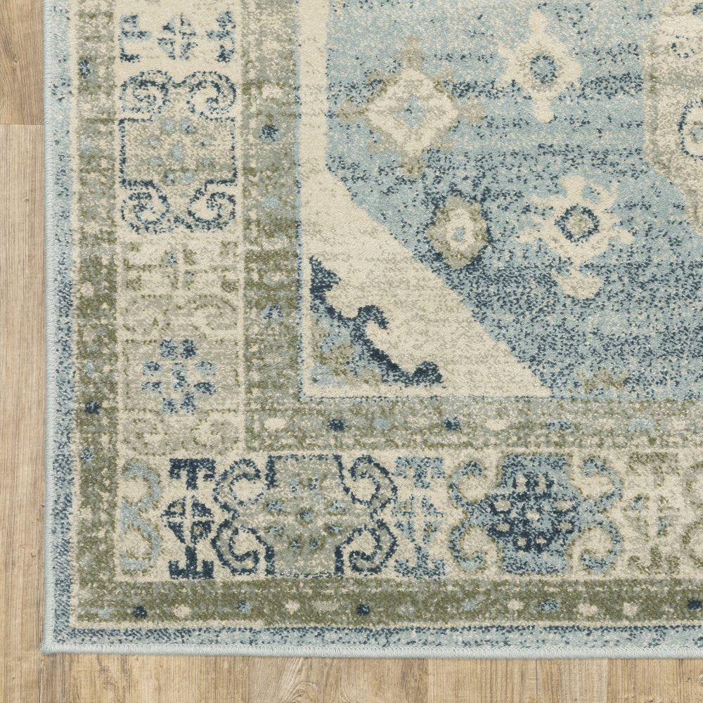 5' X 7' Blue And Beige Oriental Distressed Area Rug