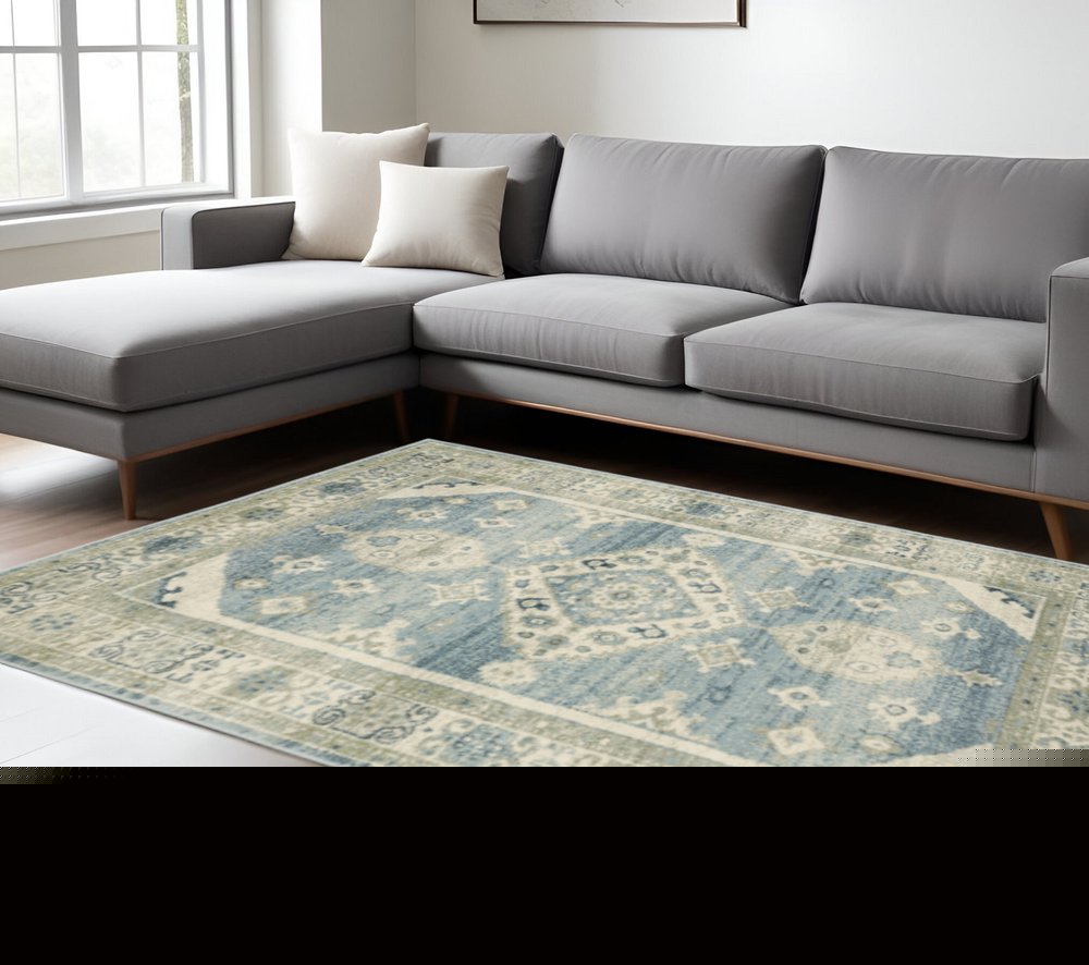 7' X 9' Blue And Beige Oriental Area Rug