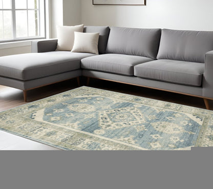 7' X 9' Blue And Beige Oriental Area Rug