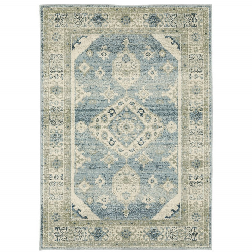 7' X 9' Blue And Beige Oriental Area Rug