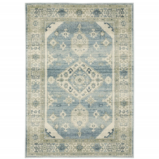 7' X 9' Blue And Beige Oriental Area Rug