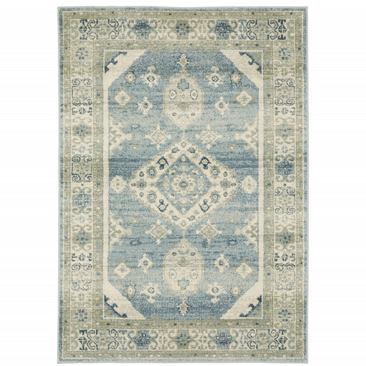 8' X 10' Blue Grey Beige And Teal Oriental Power Loom Stain Resistant Area Rug