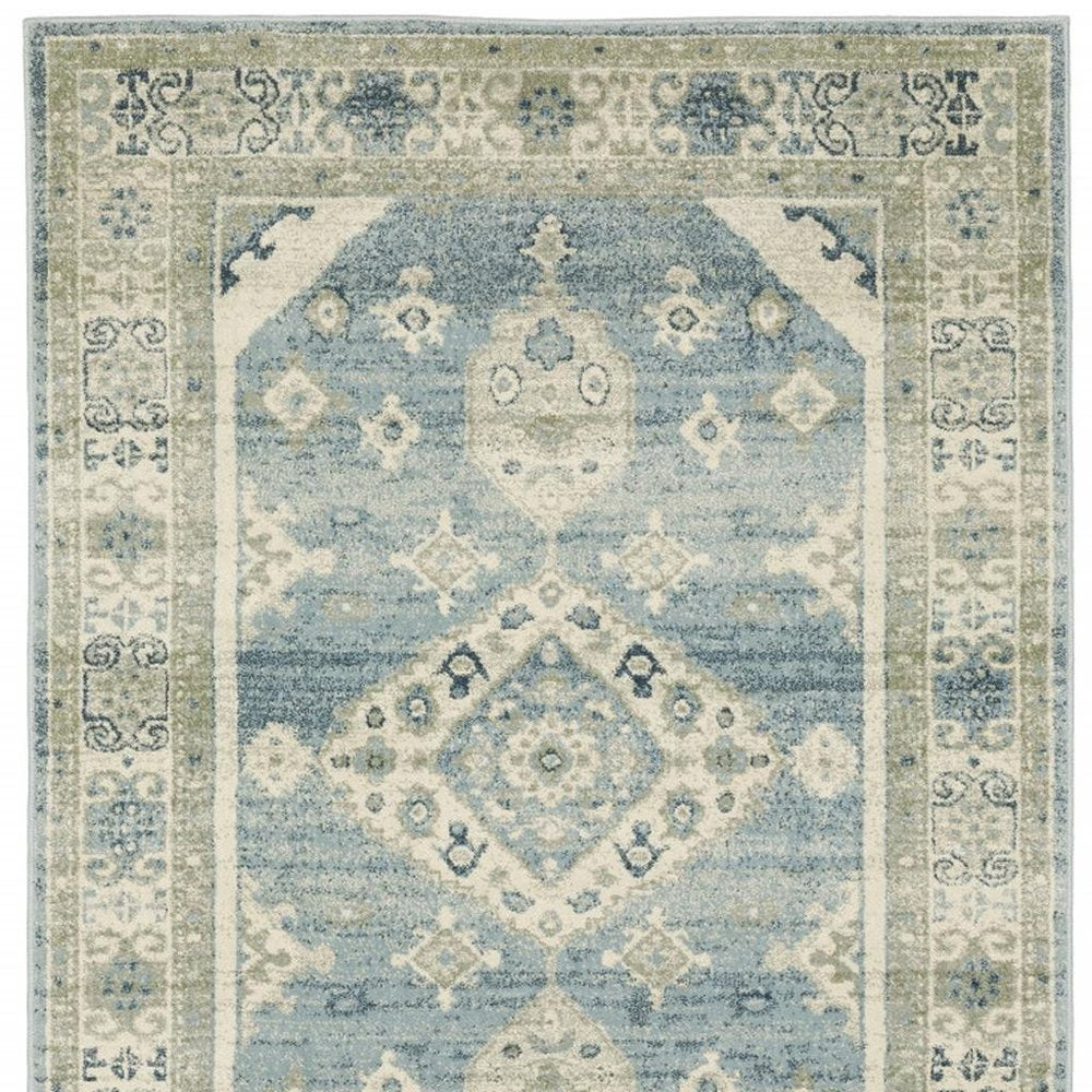 8' X 10' Blue Grey Beige And Teal Oriental Power Loom Stain Resistant Area Rug