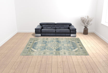 10' X 13' Blue Grey Beige And Teal Oriental Power Loom Stain Resistant Area Rug