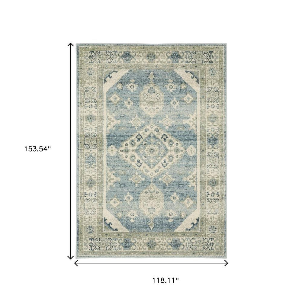 10' X 13' Blue Grey Beige And Teal Oriental Power Loom Stain Resistant Area Rug