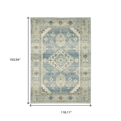 10' X 13' Blue Grey Beige And Teal Oriental Power Loom Stain Resistant Area Rug