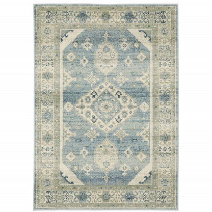 10' X 13' Blue Grey Beige And Teal Oriental Power Loom Stain Resistant Area Rug