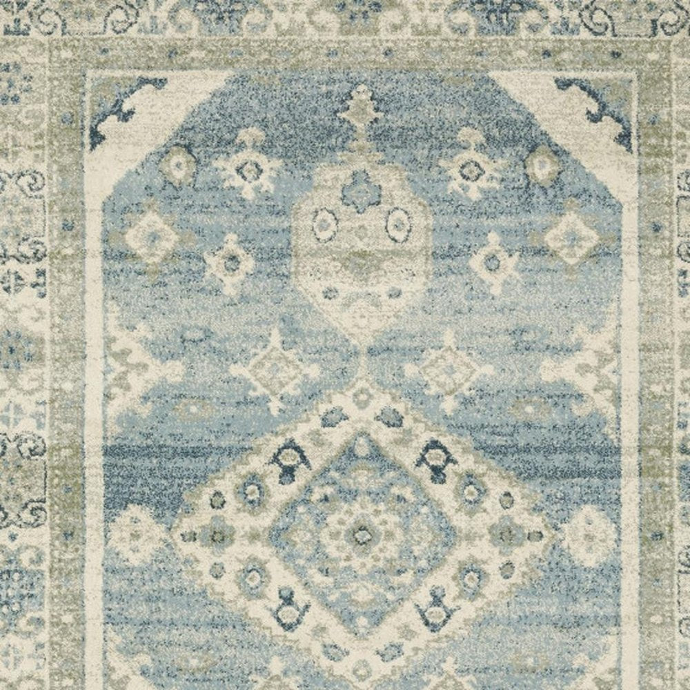 10' X 13' Blue Grey Beige And Teal Oriental Power Loom Stain Resistant Area Rug