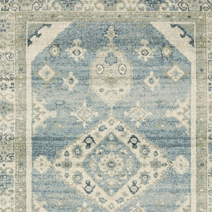 10' X 13' Blue Grey Beige And Teal Oriental Power Loom Stain Resistant Area Rug