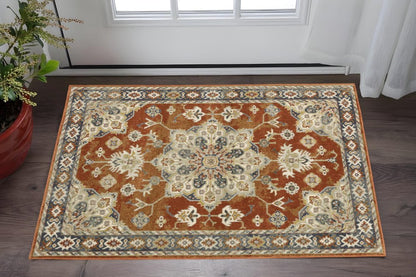3' X 5' Rust Beige Teal Blue And Gold Oriental Power Loom Stain Resistant Area Rug