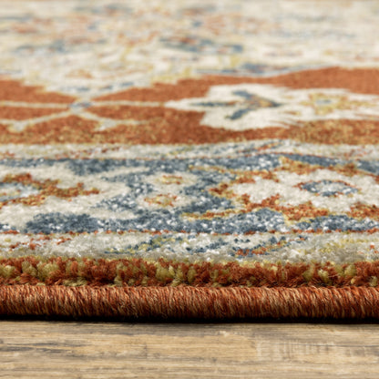 3' X 5' Rust Beige Teal Blue And Gold Oriental Power Loom Stain Resistant Area Rug