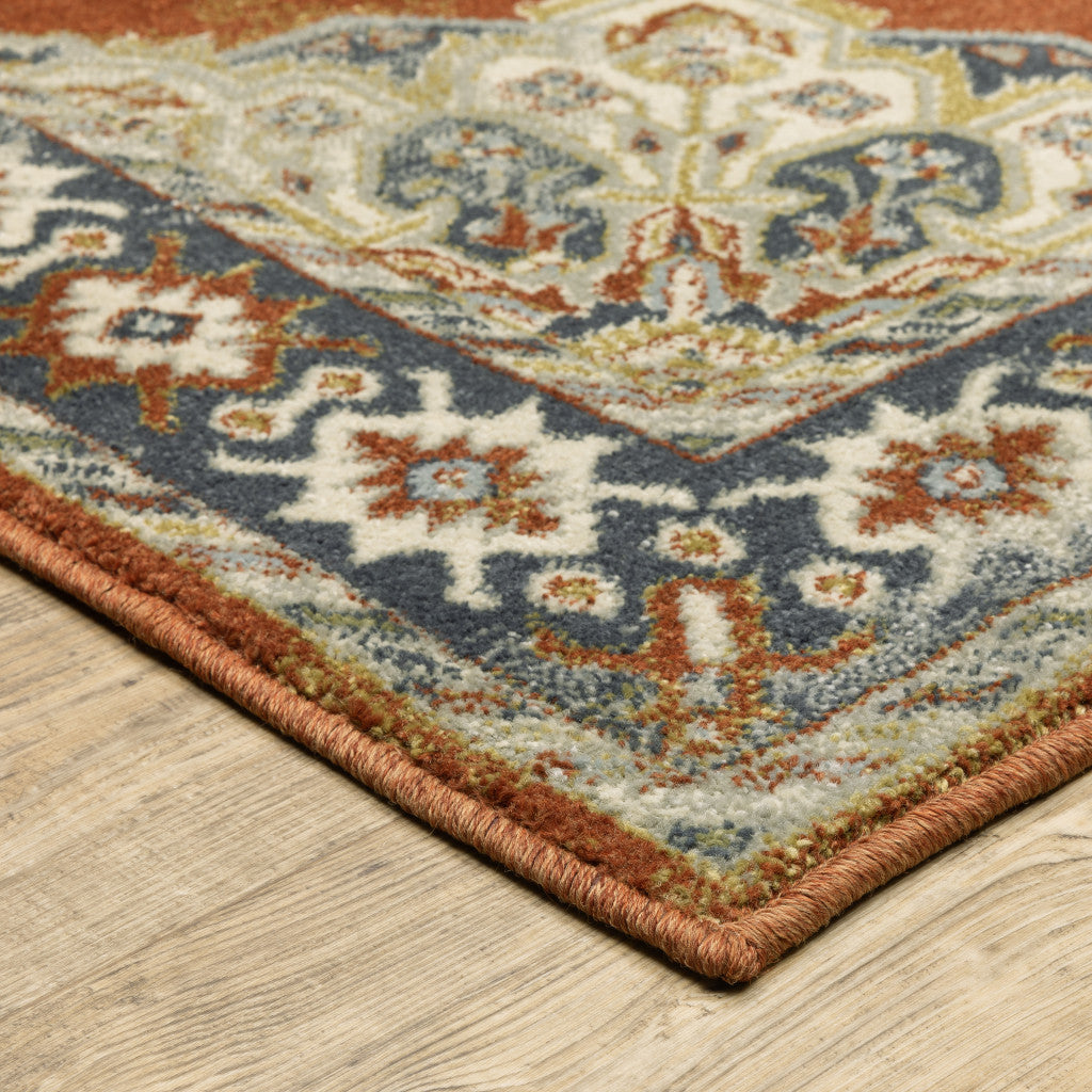 6' X 9' Rust Beige Teal Blue And Gold Oriental Power Loom Stain Resistant Area Rug