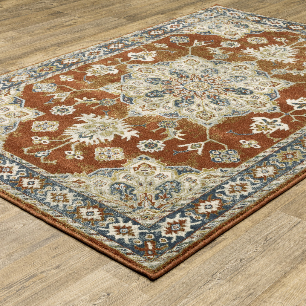 6' X 9' Rust Beige Teal Blue And Gold Oriental Power Loom Stain Resistant Area Rug