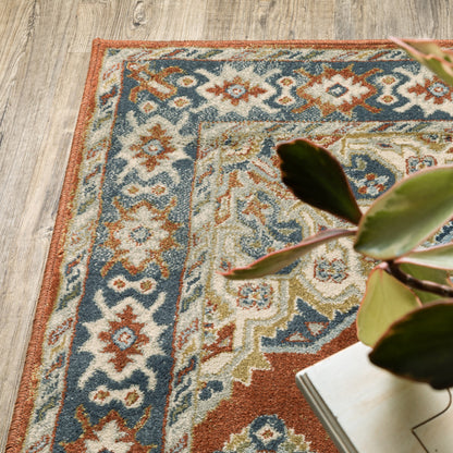 8' X 10' Rust Beige Teal Blue And Gold Oriental Power Loom Stain Resistant Area Rug