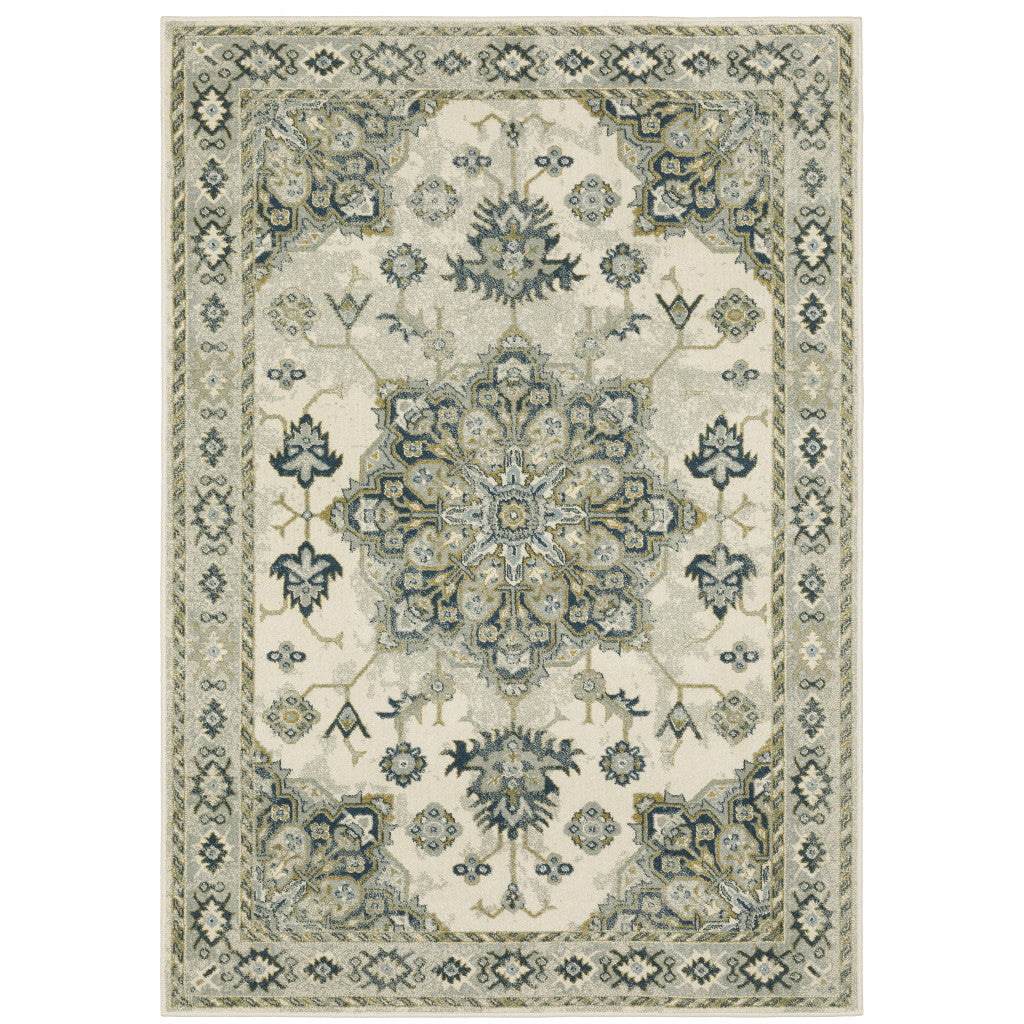 3' X 5' Ivory Blue Teal Grey And Olive Green Oriental Power Loom Stain Resistant Area Rug