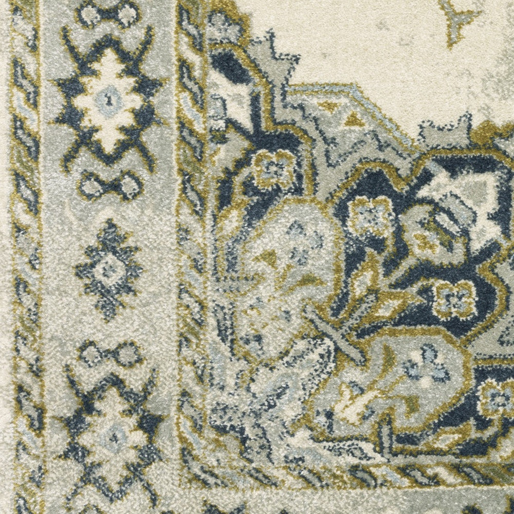 3' X 5' Ivory Blue Teal Grey And Olive Green Oriental Power Loom Stain Resistant Area Rug