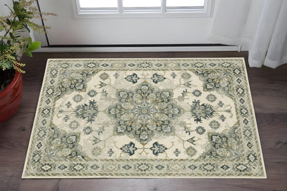 3' X 5' Ivory Blue Teal Grey And Olive Green Oriental Power Loom Stain Resistant Area Rug