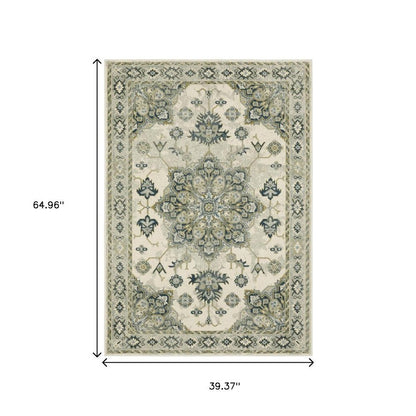 3' X 5' Ivory Blue Teal Grey And Olive Green Oriental Power Loom Stain Resistant Area Rug