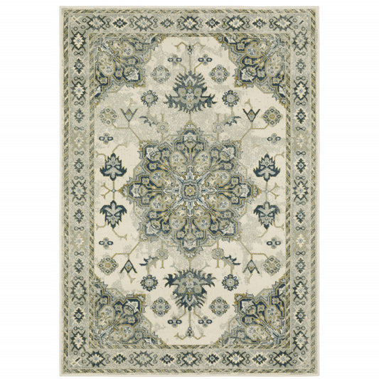 5' X 7' Ivory Blue Teal Grey And Olive Green Oriental Power Loom Stain Resistant Area Rug