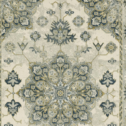 5' X 7' Ivory Blue Teal Grey And Olive Green Oriental Power Loom Stain Resistant Area Rug