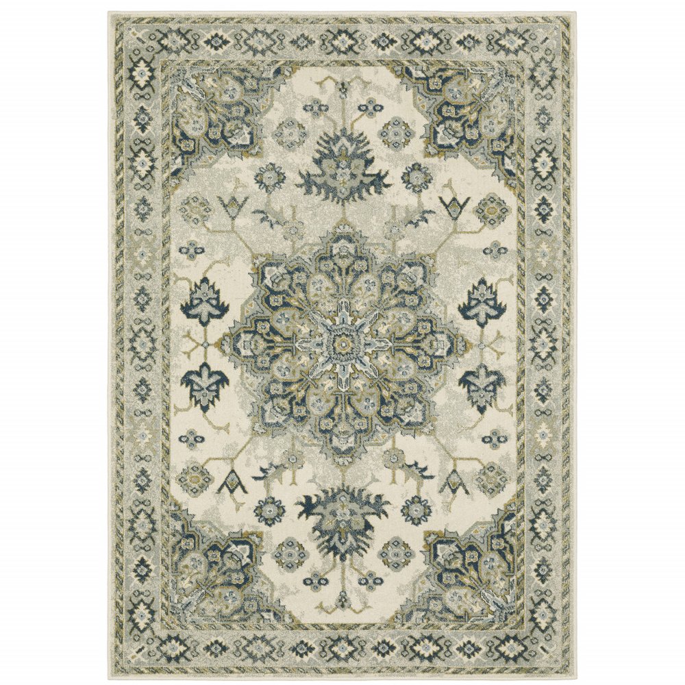 7' X 9' Ivory And Blue Oriental Distressed Area Rug
