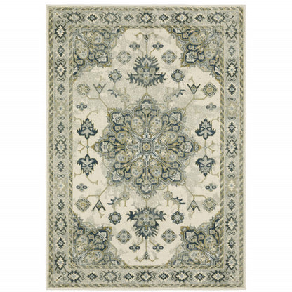 7' X 9' Ivory And Blue Oriental Distressed Area Rug