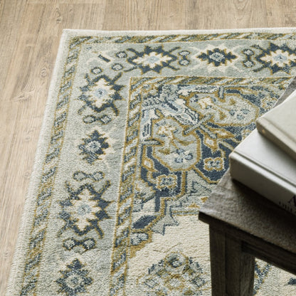 7' X 9' Ivory And Blue Oriental Distressed Area Rug