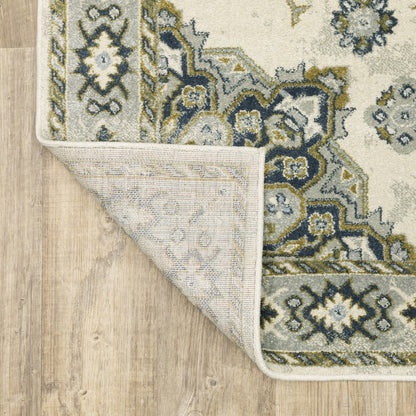 7' X 9' Ivory And Blue Oriental Distressed Area Rug