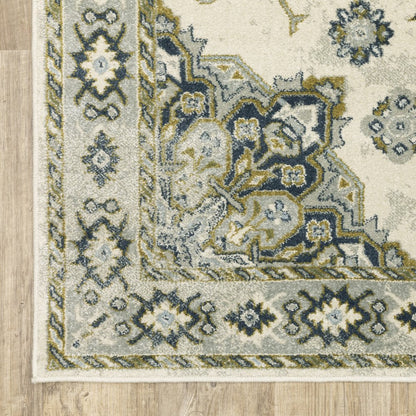 7' X 9' Ivory And Blue Oriental Distressed Area Rug