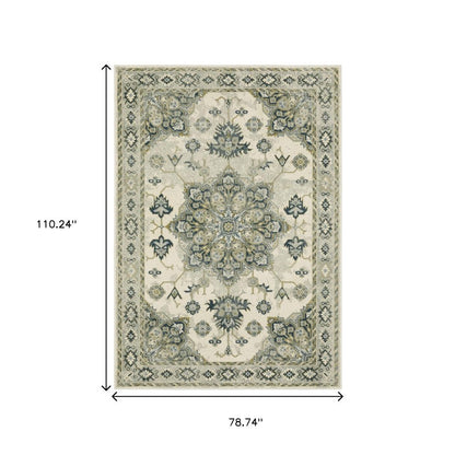 7' X 9' Ivory And Blue Oriental Distressed Area Rug