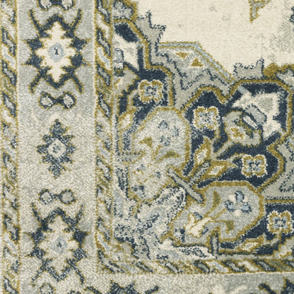 8' X 10' Ivory Blue Teal Grey And Olive Green Oriental Power Loom Stain Resistant Area Rug