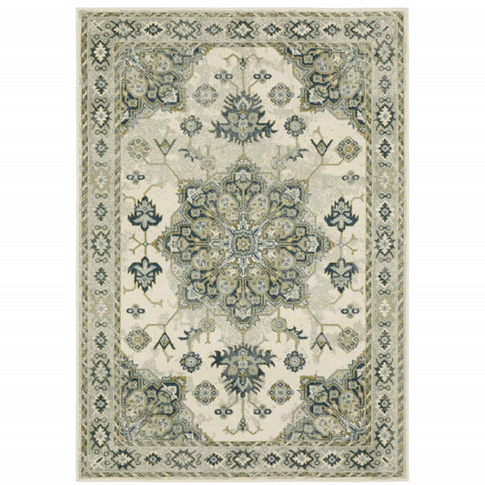 8' X 10' Ivory Blue Teal Grey And Olive Green Oriental Power Loom Stain Resistant Area Rug