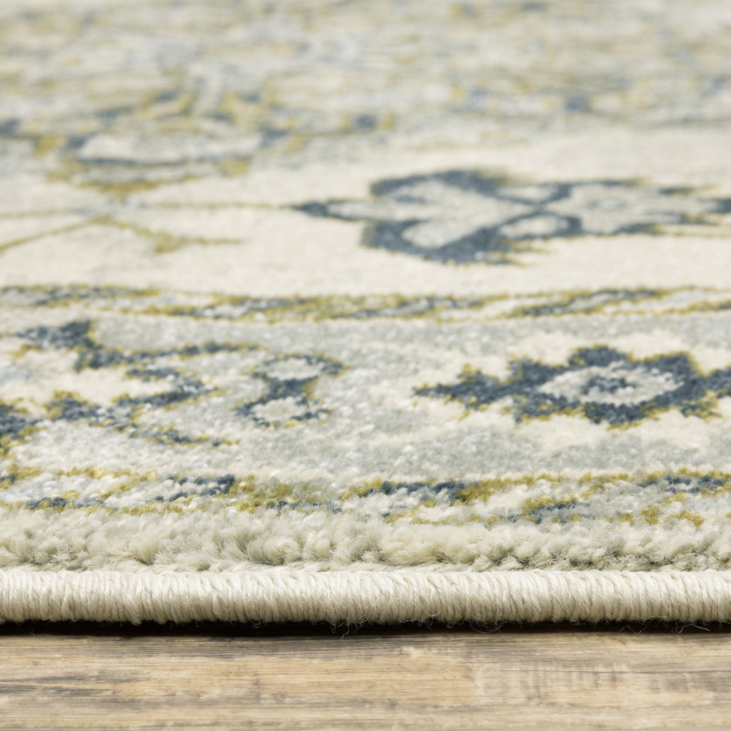 8' X 10' Ivory Blue Teal Grey And Olive Green Oriental Power Loom Stain Resistant Area Rug