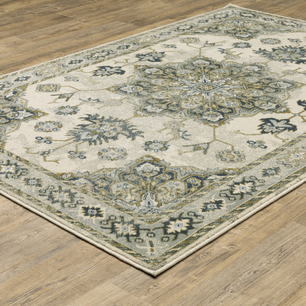 8' X 10' Ivory Blue Teal Grey And Olive Green Oriental Power Loom Stain Resistant Area Rug