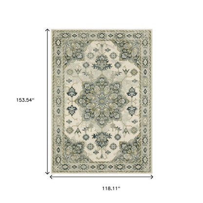 10' X 13' Ivory Blue Teal Grey And Olive Green Oriental Power Loom Stain Resistant Area Rug