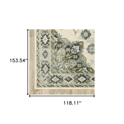 10' X 13' Ivory Blue Teal Grey And Olive Green Oriental Power Loom Stain Resistant Area Rug