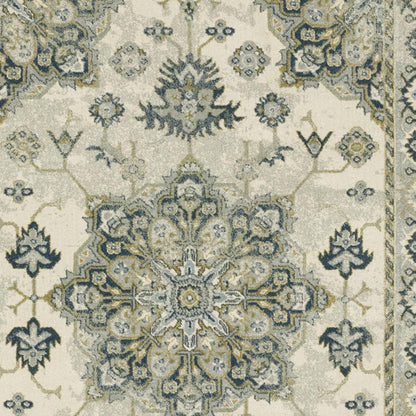 10' X 13' Ivory Blue Teal Grey And Olive Green Oriental Power Loom Stain Resistant Area Rug