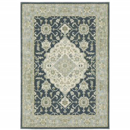 3' X 5' Teal Blue Ivory Green And Grey Oriental Power Loom Stain Resistant Area Rug