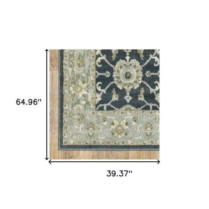 3' X 5' Teal Blue Ivory Green And Grey Oriental Power Loom Stain Resistant Area Rug