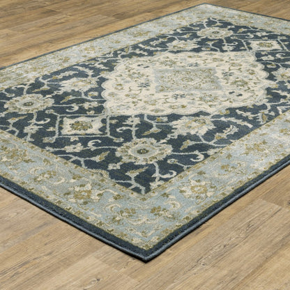 3' X 5' Teal Blue Ivory Green And Grey Oriental Power Loom Stain Resistant Area Rug