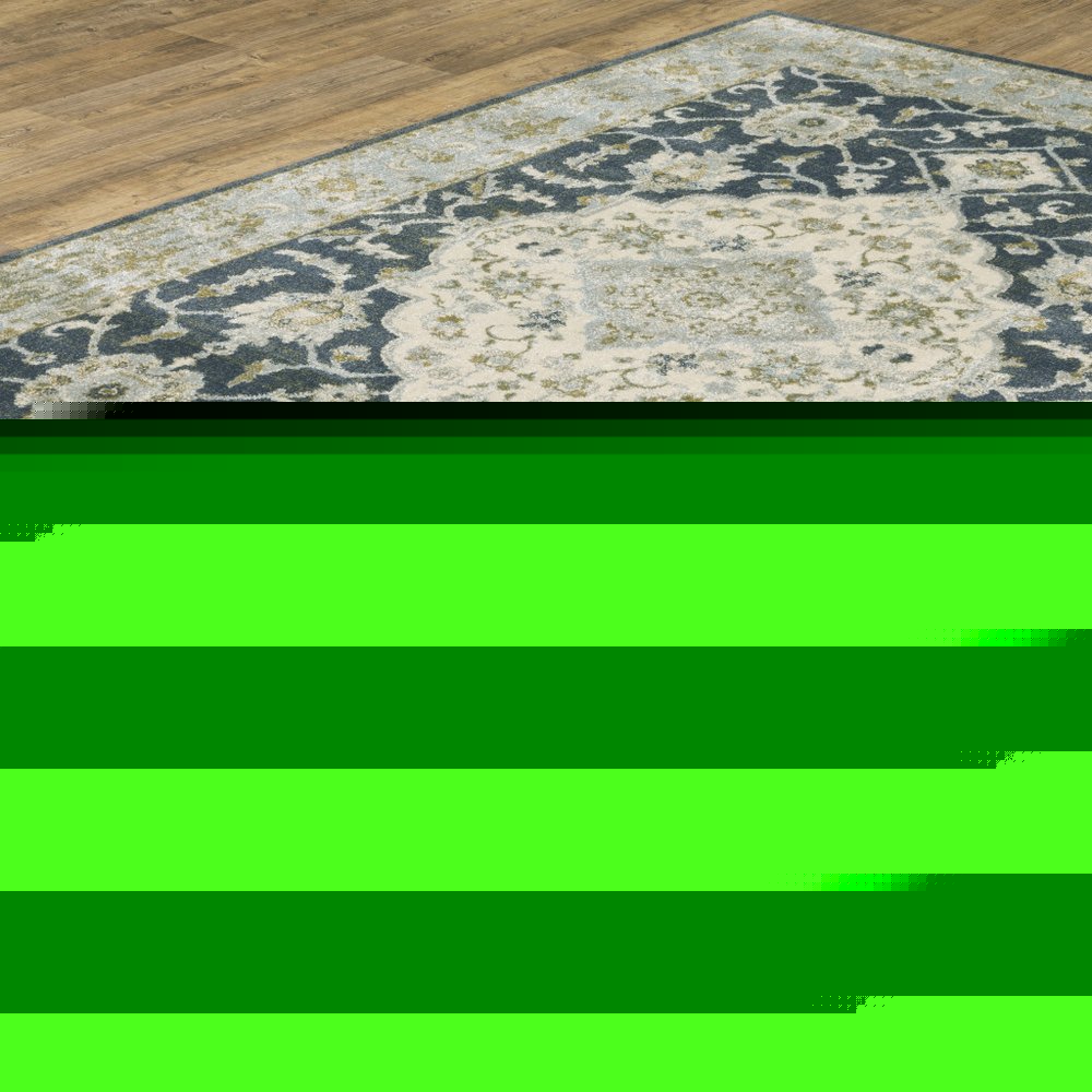 3' X 5' Teal Blue Ivory Green And Grey Oriental Power Loom Stain Resistant Area Rug