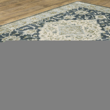 3' X 5' Teal Blue Ivory Green And Grey Oriental Power Loom Stain Resistant Area Rug