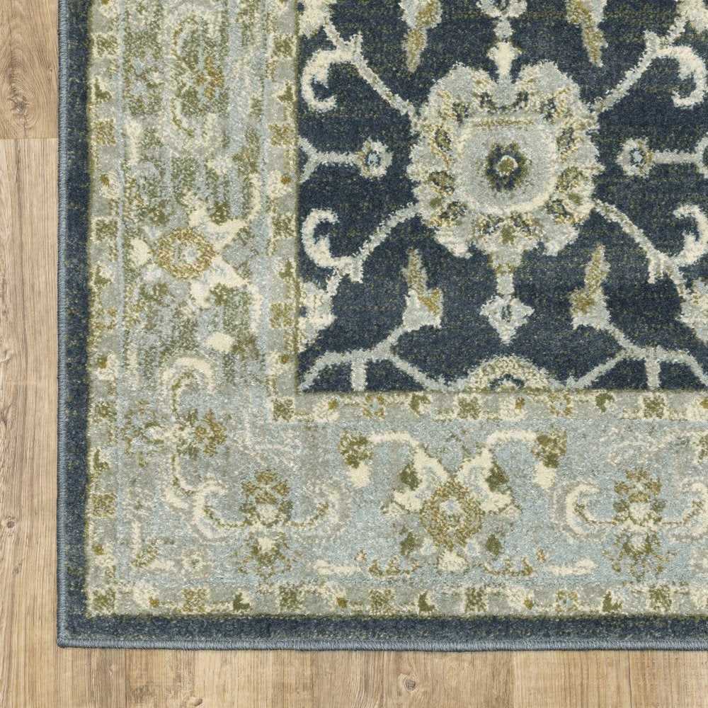 3' X 5' Teal Blue Ivory Green And Grey Oriental Power Loom Stain Resistant Area Rug
