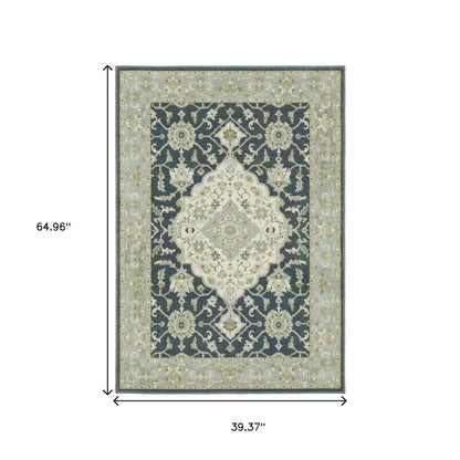 3' X 5' Teal Blue Ivory Green And Grey Oriental Power Loom Stain Resistant Area Rug