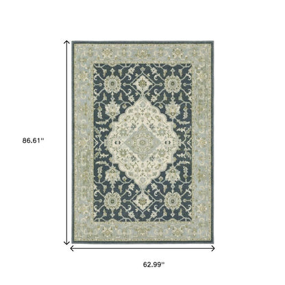 5' X 7' Teal Blue Ivory Green And Grey Oriental Power Loom Stain Resistant Area Rug
