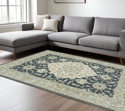 8' X 10' Teal Blue Ivory Green And Grey Oriental Power Loom Stain Resistant Area Rug