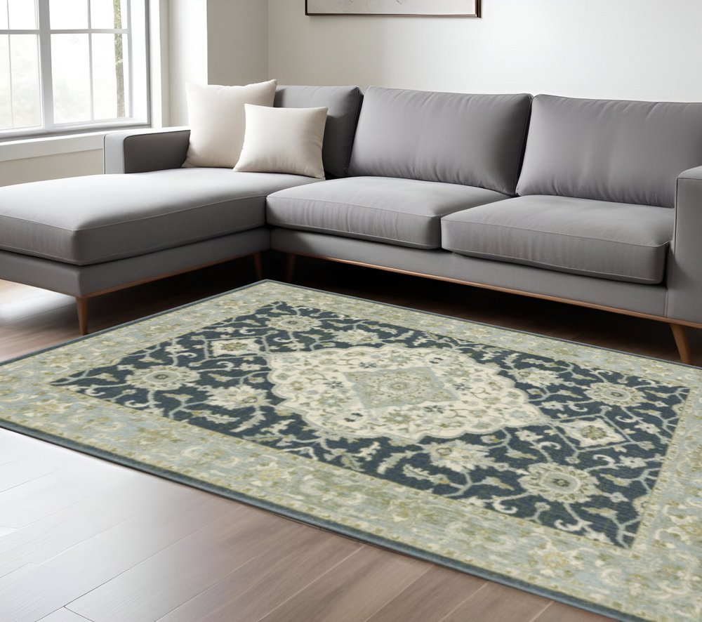 8' X 10' Teal Blue Ivory Green And Grey Oriental Power Loom Stain Resistant Area Rug