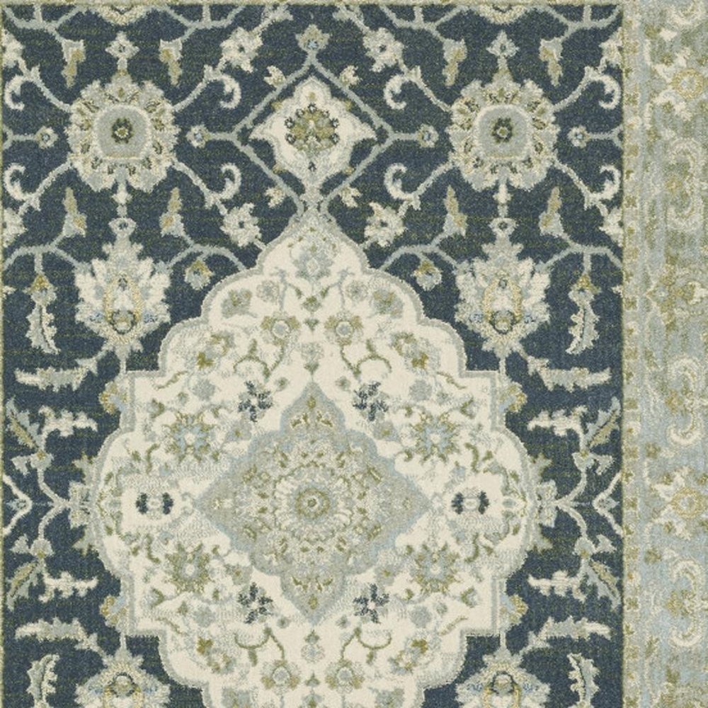 8' X 10' Teal Blue Ivory Green And Grey Oriental Power Loom Stain Resistant Area Rug